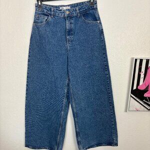 ZARA Wide Leg Jeans High Waisted Paint Medium Wash Womens Size USA 4